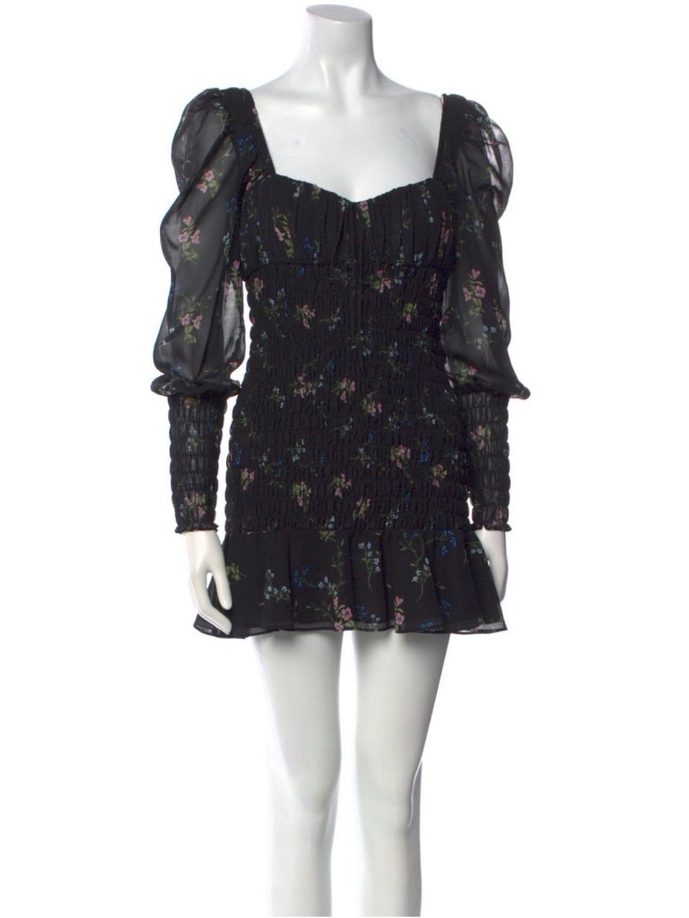 For Love and Lemons Black Floral Smocked Mini Dress with Puff Sleeves